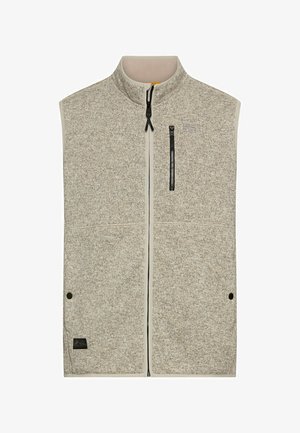 Beige Fleece-Weste mit hohem Kragen, Frontreißverschluss und zwei unteren Taschen. Verfügt über eine Brusttasche mit schwarzem Reißverschluss und Logodetails.