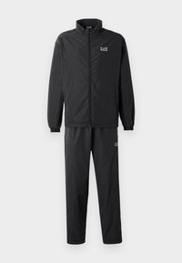 Black athletic tracksuit featuring a zip-up jacket with a high collar and elastic cuffs, paired with matching pants and logo accents.