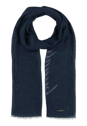 Navy blue lightweight scarf with subtle diagonal text pattern and small "bugatti" label near fringed edges.