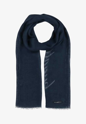 Ľahká námornícka modrá šatka s jemným šikmým textovým vzorom a malou štítkom "bugatti" pri strapcových okrajoch.