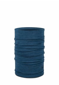 Blauer, dehnbarer, schmaler Schlauchschal mit strukturierter Stoffoberfläche und gerafftem Design. Verfügt über ein Logo an der Seite. Für vielseitiges Tragen geeignet.
