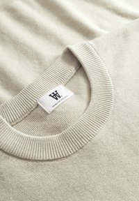 Pull gris clair avec un col rond côtelé. Texture douce, coutures visibles et une étiquette cousue affichant un logo stylisé.