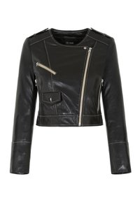 Veste en cuir noire courte avec fermeture éclair asymétrique argentée, poche poitrine zippée, poche à rabat et épaulettes, manches longues.