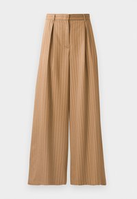 Wide-leg trousers in a tan fabric with vertical white stripes. Features pleats at the waist and a smooth texture.