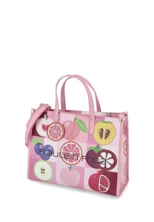 Roze tote tas met fruitillustraties waaronder appel, perzik, blauwe bes, grapefruit, kaki en granaatappel, met twee handvatten en een schouderriem.