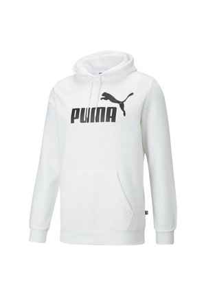 Felpa bianca con tasca a marsupio, caratterizzata da un grande logo nero "PUMA" e una silhouette di un felino nero che salta. Tessuto morbido, cappuccio regolabile.