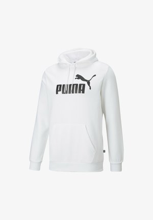 Felpa bianca con tasca a marsupio, caratterizzata da un grande logo nero "PUMA" e una silhouette di un felino nero che salta. Tessuto morbido, cappuccio regolabile.