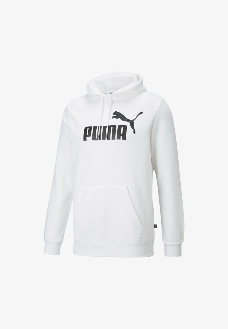 Hvid hættetrøje med kængurulomme, der har et stort sort "PUMA" logo og en springende sort katte-silhuet. Blødt stof, justerbar hætte.
