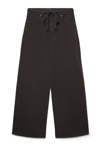 Dunkelbraune weite Hosen mit vorderem Bindebandverschluss, Gürtelschlaufen sowie seitlichen und hinteren Taschen, flach auf einem weißen Hintergrund präsentiert.