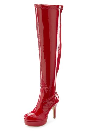 Rote, glänzende, kniehohe Stiefel mit Stiletto-Absatz und Plateau, featuring einem taillierten Schaft und einer runden Zehenform, glatter Textur und hohem Absatz.