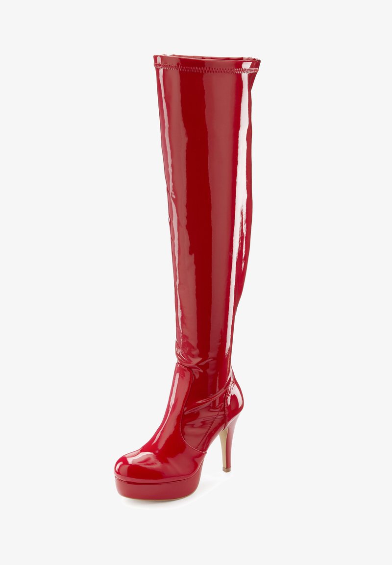 Red, glossy, knee-high stiletto boot with a platform, featuring a fitted upper and rounded toe design, smooth texture, and tall heel.