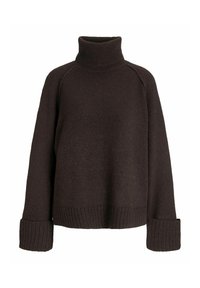 Ciemnobrązowy, oversize'owy sweter z golfem, z prążkowanymi mankietami i dolnym wykończeniem, wykonany z teksturowanej dzianiny, z raglanowymi rękawami.