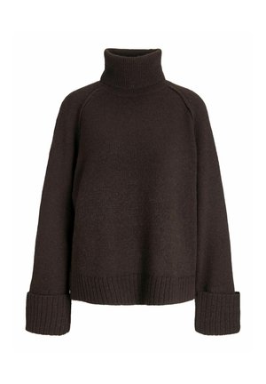Temno rjav prevelik pulover s turtleneck ovratnikom, z rebrastimi manšetami in robom. Ima teksturirano pletenino in raglan rokave.