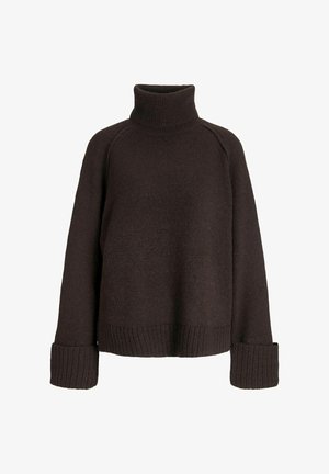 Pull en laine côtelé oversize de couleur marron foncé avec des poignets et un ourlet en côte, présentant un tissu tricoté texturé et des manches raglan.