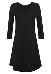 Black dress with a V-neck, three-quarter sleeves, fitted bodice, and flared hemline; made of smooth, soft fabric with no visible patterns or accents.