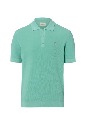 Minzgrünes Poloshirt mit kurzen Ärmeln, strukturiertem Strick, Drei-Knopf-Leiste und kleinem, aufgesticktem Logo auf der Brust.