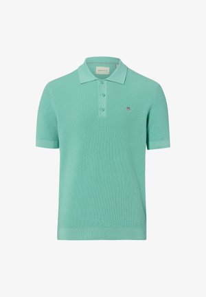 Minzgrünes Poloshirt mit kurzen Ärmeln, strukturiertem Strick, Drei-Knopf-Leiste und kleinem, aufgesticktem Logo auf der Brust.
