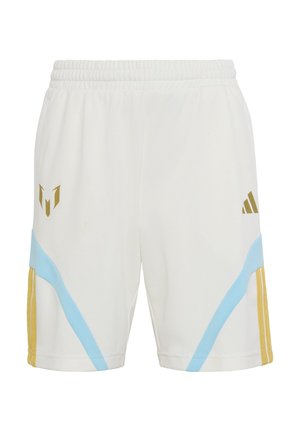Hvide atletikshorts med blå og gyldne accenter, elastisk taljebånd og to gyldne logoer nær hofterne.