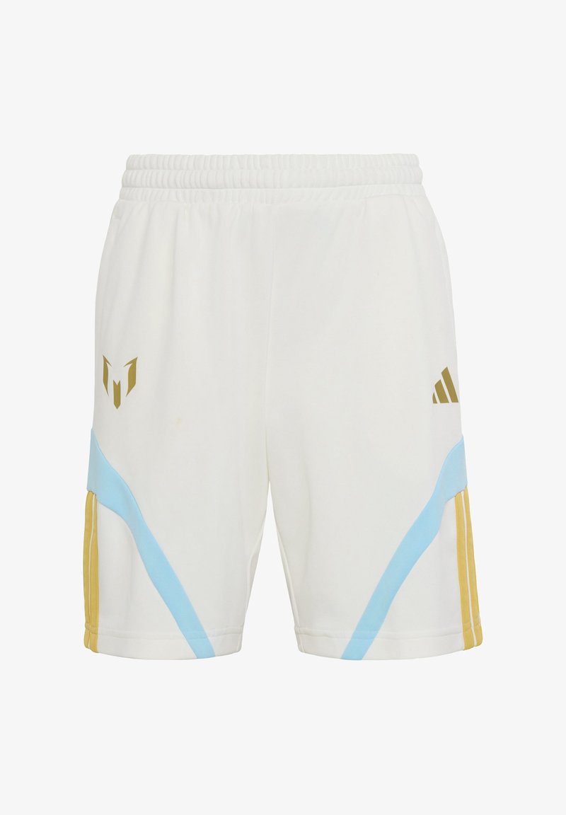 Shorts de sport blancs avec des accents bleus et dorés, taille élastique et deux logos dorés près des hanches.