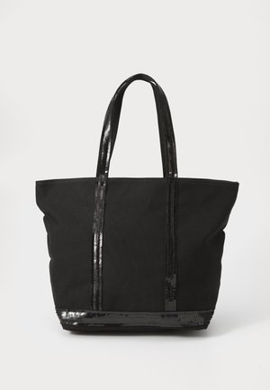 Borsa a tracolla nera realizzata in tessuto, con due manici glossy coperti di paillettes e un bordo inferiore decorato con paillettes. Design morbido, grande e flessibile.