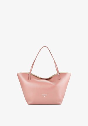 Weiche rosa Ledertasche mit zwei langen Trägern, leicht gebogenem oberen Rand und kleinem weißen Markenlogo in der vorderen Mitte.