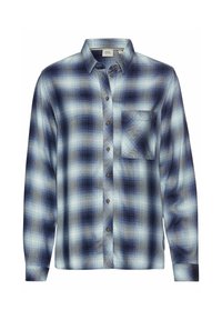 Langarm geruite shirt in blauw- en grijstinten, met knoopsluiting aan de voorkant, kraag en één borstzak met accentpatronen in een visgraatmotief.