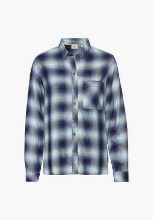 Langærmet ternet skjorte i blå og grå nuancer med knaplukning foran, krave og venstre brystlomme med herringbone-mønster.