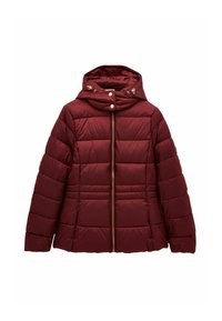 Burgundy puffer jacket with a hood, vertical and horizontal quilted design, golden zipper, and snap buttons at the collar.
