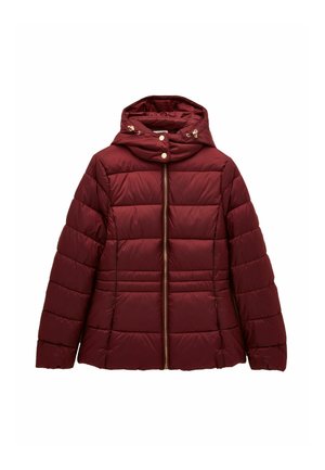 Burgundy puffer jacket with a hood, vertical and horizontal quilted design, golden zipper, and snap buttons at the collar.