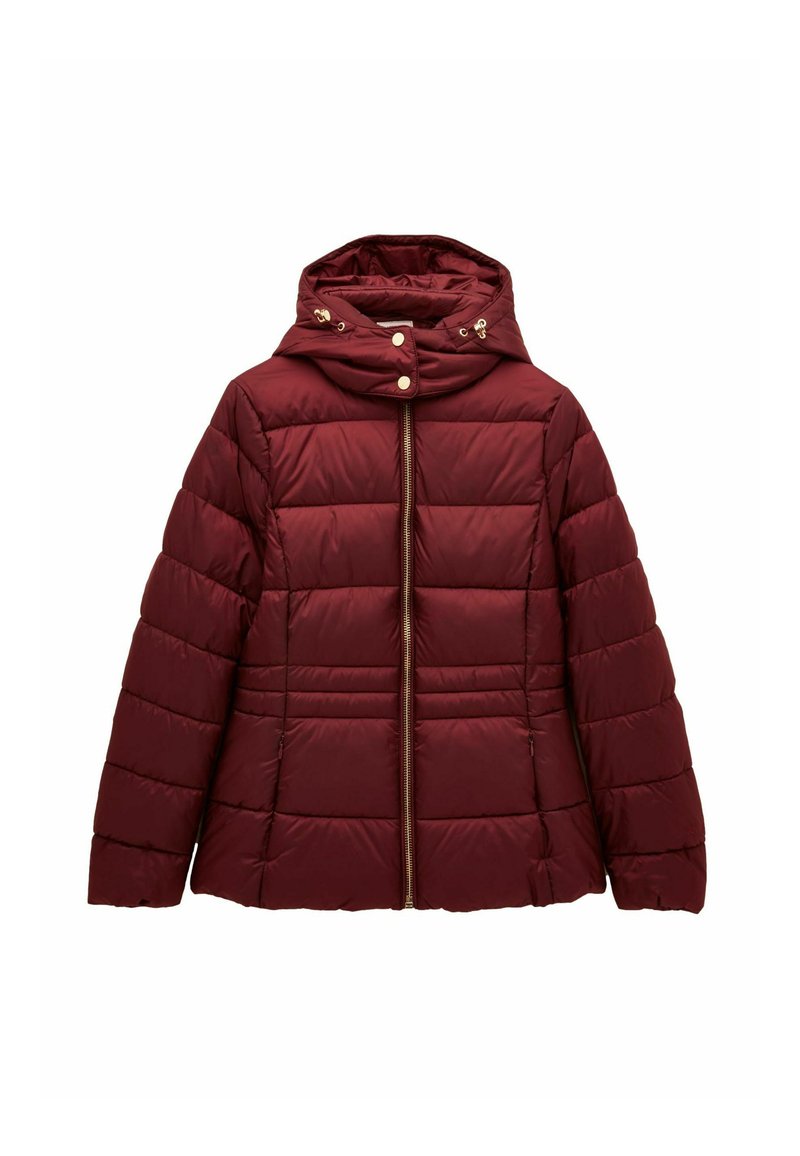Burgundy puffer jacket with a hood, vertical and horizontal quilted design, golden zipper, and snap buttons at the collar.