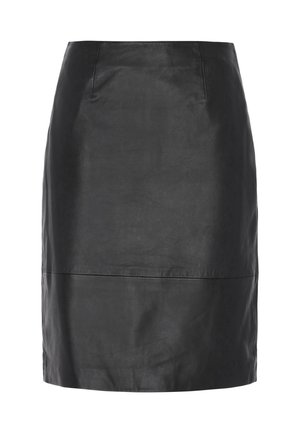 Musta nahkainen minihame, jossa on sileä pinta, istuva malli ja saumahelma. Tunnetaan klassisesta, siististä siluetistaan.