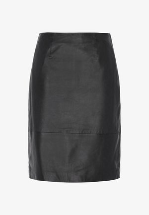 Musta nahkainen minihame, jossa on sileä pinta, istuva malli ja saumahelma. Tunnetaan klassisesta, siististä siluetistaan.