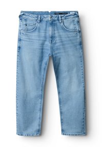 Jeans de mezclilla azul claro con corte recto, diseño de cinco bolsillos y un ligero desgastado. Presentan un cierre de botón y presillas para cinturón.