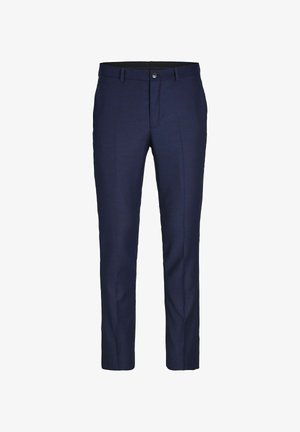 Marineblå bukser med skræddersyet pasform, glat front og diskret tekstur. Har en knaplukning og bæltestropper. Velegnet til formelt tøj.