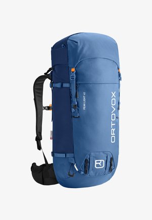 Blauer Ortovox Peak Light 40 Wanderrucksack mit gepolsterten Schultergurten, Hüftgurt und mehreren verstellbaren Kompressionsriemen.