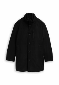 Czarny wełniany płaszcz z wysokim kołnierzem, guzikami z przodu, kieszeniami po bokach oraz eleganckim fasonem z minimalnym detalowaniem.