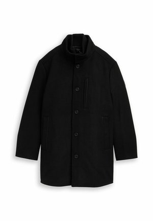 Schwarzer Wollmantel mit hohem Kragen, vorderen Knöpfen, seitlichen Taschen und einem eleganten Design mit minimaler Verzierung.