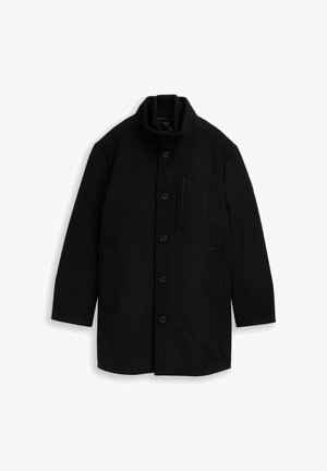 Schwarzer Wollmantel mit hohem Kragen, vorderen Knöpfen, seitlichen Taschen und einem eleganten Design mit minimaler Verzierung.