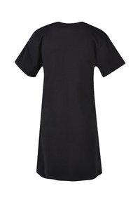 Schwarzes, kurzärmeliges T-Shirt-Kleid mit lockerem Schnitt, rundem Ausschnitt und glatter Baumwolltextur; verfügt über ein einfaches, unverziertes Design.