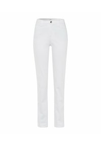 Jeans de mezclilla blanca con un diseño de pierna recta, que cuentan con un cierre frontal de botones, cinco bolsillos y sin patrones o acentos notables.