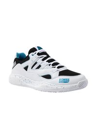 Chaussure de sport blanche et noire avec des accents turquoise, tige en mesh, et semelle texturée avec des éclaboussures bleues. Logo de la marque sur le côté.