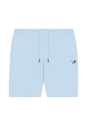 Shorts décontractés bleu clair avec une taille élastique, un cordon de serrage ajustable, des poches latérales et un petit logo croisé de batte et balle de cricket sur la jambe droite.
