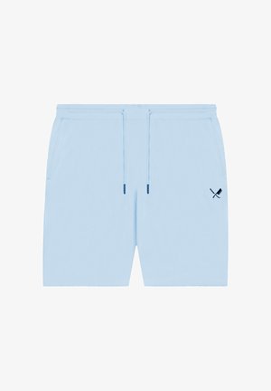 Shorts décontractés bleu clair avec une taille élastique, un cordon de serrage ajustable, des poches latérales et un petit logo croisé de batte et balle de cricket sur la jambe droite.