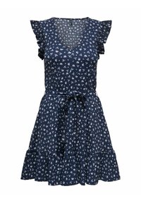 Marineblaues Kleid mit kleinem weißen Blumenmuster, V-Ausschnitt, Rüschenschultern, tailliertem Oberteil und gestuftem Rock mit einem Stoffband in der Taille.