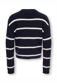 Pull rayé bleu marine avec des rayures blanches horizontales, un col rond et des poignets côtelés. Texture douce avec une coupe courte.