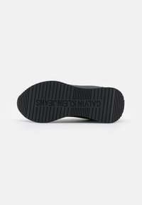 Black sneaker sole with ribbed texture and prominent logo "CALVIN KLEIN JEANS." Smooth edges, flat base, designed for grip and durability.