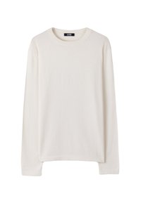 Langärmeliger, leichter Pullover in Off-White, hergestellt aus weichem Stoff mit rundem Halsausschnitt und geradem Saum. Sichtbares Markenetikett.
