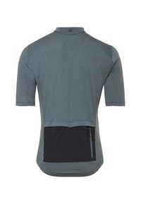Maillot de cyclisme pour homme à manches courtes gris avec une poche zippée noire sur le bas du dos, vu de dos.