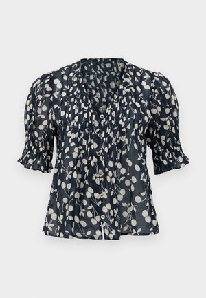 Blusa azul marino con estampado floral blanco, con botón frontal, mangas cortas tipo globo y detalles plisados a lo largo del cuerpo. Tejido ligero.