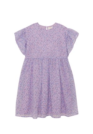 Lila Kleid mit kurzen Ärmeln und kleinem Blumenmuster, Rundhalsausschnitt, geraffter Taille und Schlitz mit Knopfverschluss auf der Rückseite.